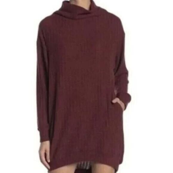 Lush Rib Knit Cowl Neck Pullover Sweater Tunic Dress Sz Small in Wine NWT - Picture 1 of 8